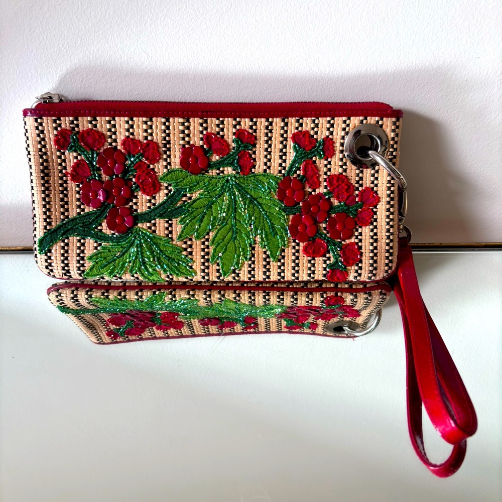 Isabella Fiore woven red flowers and green leaves clutch.